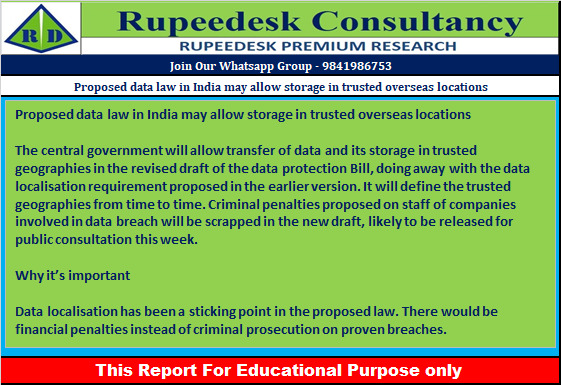 Proposed data law in India may allow storage in trusted overseas locations - Rupeedesk Reports - 16.11.2022