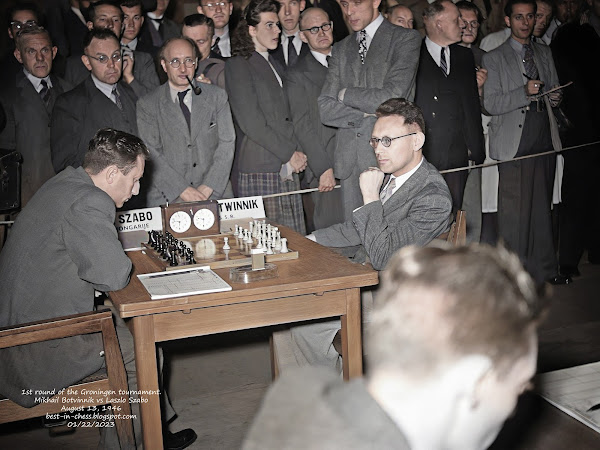 From the first round of the Groningen tournament, Mikhail Botvinnik vs Laszlo Szabo, August 13, 1946.