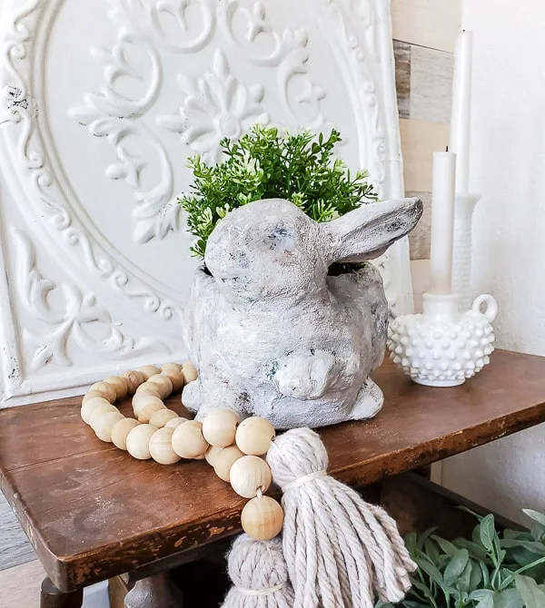 stone bunny planter, wood beads, greenery