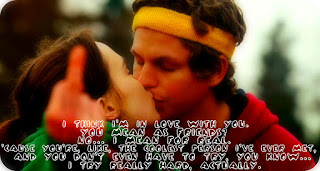 Juno & Bleeker kissing with a caption of dialogue overlaid