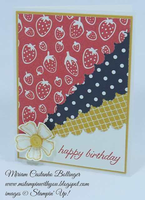 Miriam Castanho Bollinger, #mstampinwithyou, stampin up, demonstrator, ccmc, sc, birthday card, modern medley, regals collection dsp, sweet li'l things dsp, birthday blossoms stamp set, big shot, adorning accents, pansy punch, su