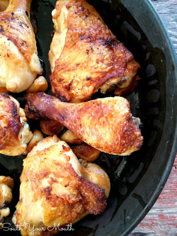 Drunken Chicken with 40’leven Cloves of Garlic! Beer brined chicken marinated with whole garlic cloves and simple spices roasted for a super juicy chicken recipe with incredible flavor that’s seasoned from the inside out!