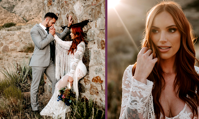 beautiful long haired bride in fringe wedding gown outdoor sunset wedding