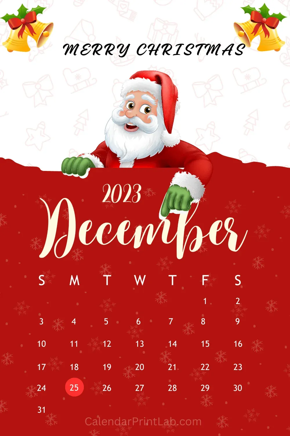 december 2023 christmas calendar with santa claus