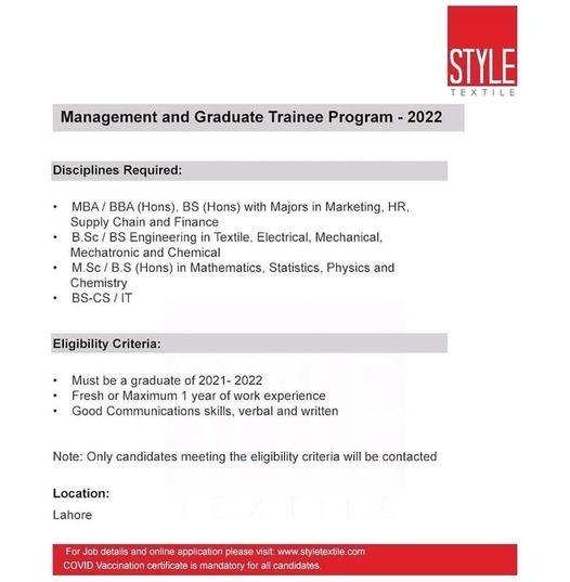   Style Textile (Pvt) Limited Management and Graduate Trainee Program 2022