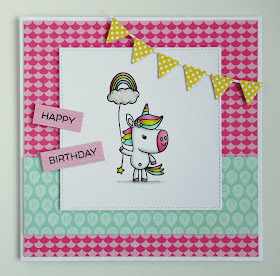 Handmade birthday card featuring unicorn with rainbow balloon (using Unicorns rock stamps from Your Next Stamp)