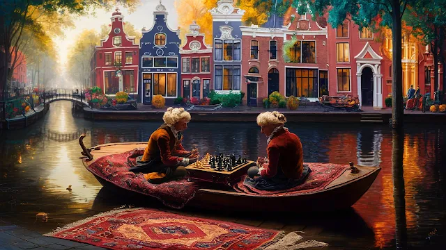 A captivating oil painting in the style of a Dutch Golden Age master, reminiscent of Johannes Vermeer's works. The serene scene depicts a tranquil Amsterdam canal, lined with charming gabled houses featuring red brick facades. In the foreground, a small wooden boat adorned with a richly colored rug houses two figures, intently engaged in a game of chess on an ornate, portable board. The warm, diffused light bathes the scene in a golden hue, casting soft reflections on the canal's surface. The exquisite attention to detail and vibrant colors evoke a sense of timeless beauty and nostalgia.