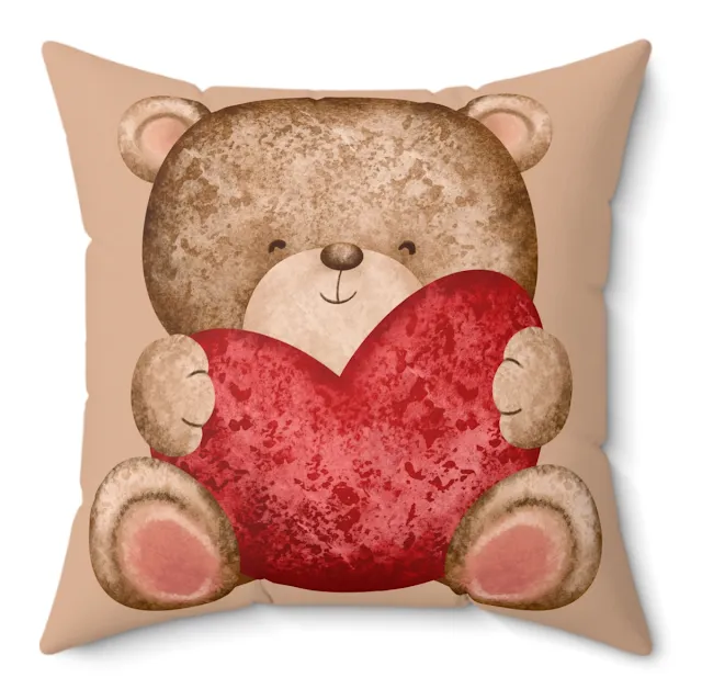 Spun Polyester Square Valentine Pillow With Brown Colorful Teddy Bear with Heart Illustration