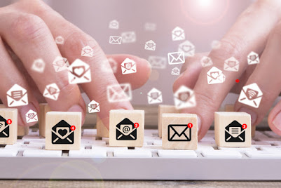 Email Marketing symbols on virtual computer screen.