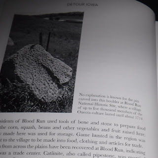 a page from Detour Iowa by Mike Whye features a mysterious stone from Blood Run National Historic Site in northwest Iowa