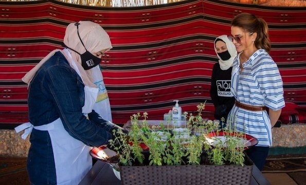 Queen Rania wore a new tie neck sleeve top by Tibi. The Queen visited Reef Spring Resorts in Ajloun, and met with Sawwah tourism platform