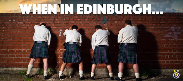 stag party in kilts taking a leak