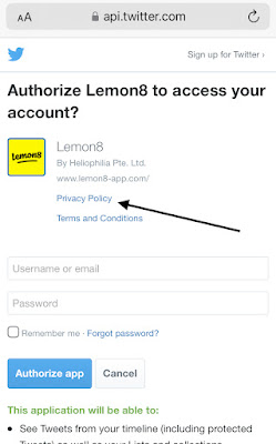 Lemon8 twitter auth page