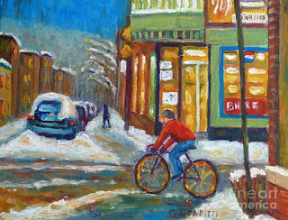 Montreal painting of biker in Plateau Mont Royal.