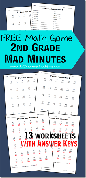 2nd Grade Math - These FREE printable Mad Minutes are a fun math game to help kids practice addition, subtraction, word problems, and so much more. Includes 13 2nd grade math worksheets with answer key. 