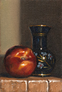 Oil painting of a blue painted-glass vase beside a nectarine.