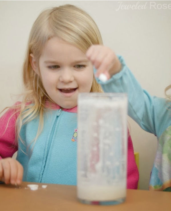 Wow kids of all ages and make a snow storm in-a-jar!  This experiment is a great activity for a cold winter day indoors! #snow #snowstorm #snowstorminajar #snowstormexperiment #snowexperimentsforkids #snowexperimentspreschool #snowcrafts #winterscienceexperimentsforkids #wintercrafts #growingajeweledrose #activitiesforkids