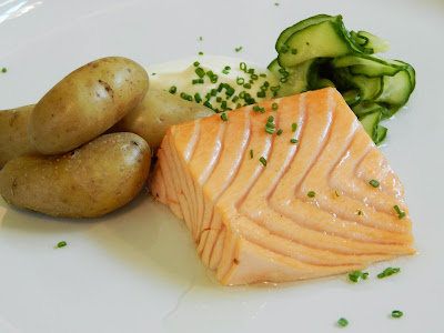 Poached Norwegian Salmon, Cucumber Salad, Small Potatoes and Butter Sauce