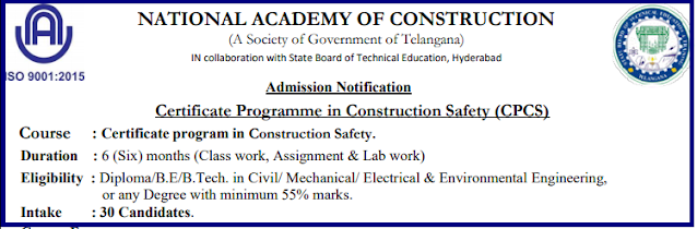 NATIONAL ACADEMY OF CONSTRUCTION-Certificate program in Construction Safety Admission Notification @ nac.edu.in