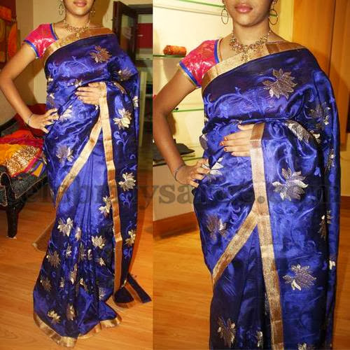 Blue Lotus Flowers Work Saree