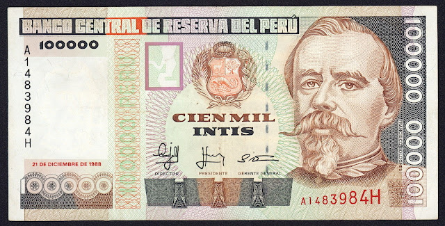 Peru Banknotes 100000 Intis banknote 1988 Francisco Bolognesi