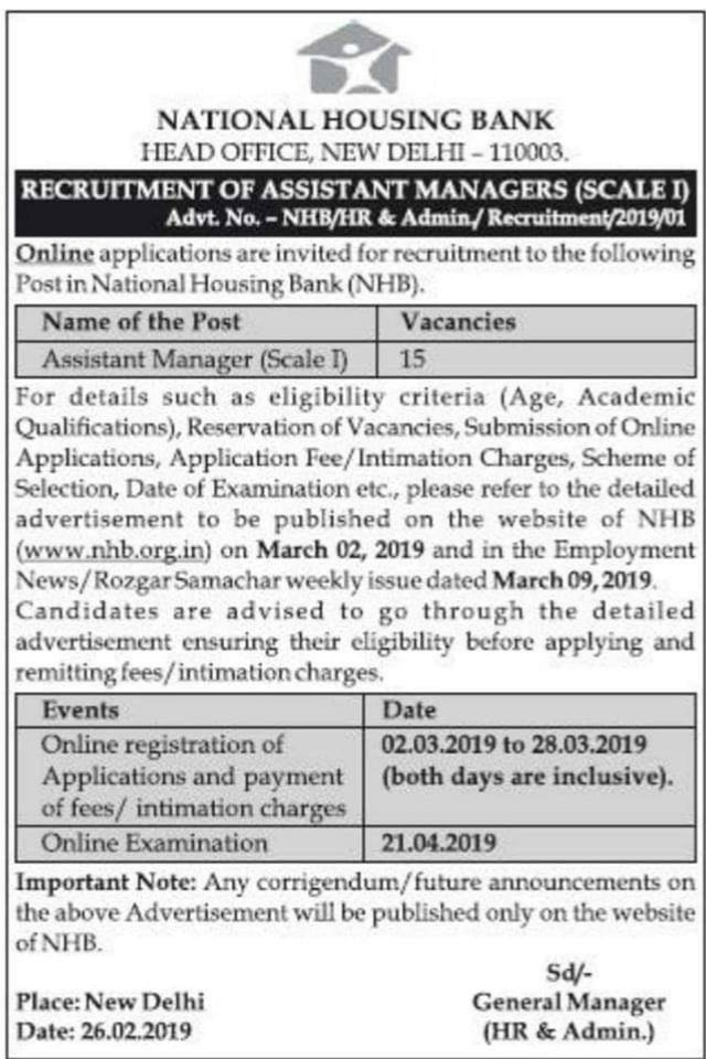 National Housing Bank (NHB) Recruitment for Assistant Managers Posts 2019