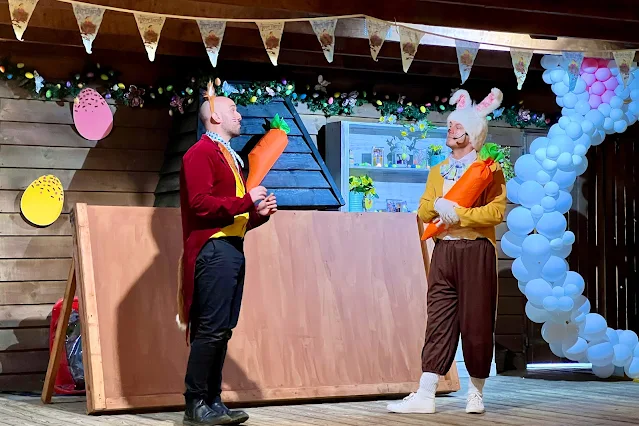 A cheeky fox and the Easter bunny performing an interactive stage show