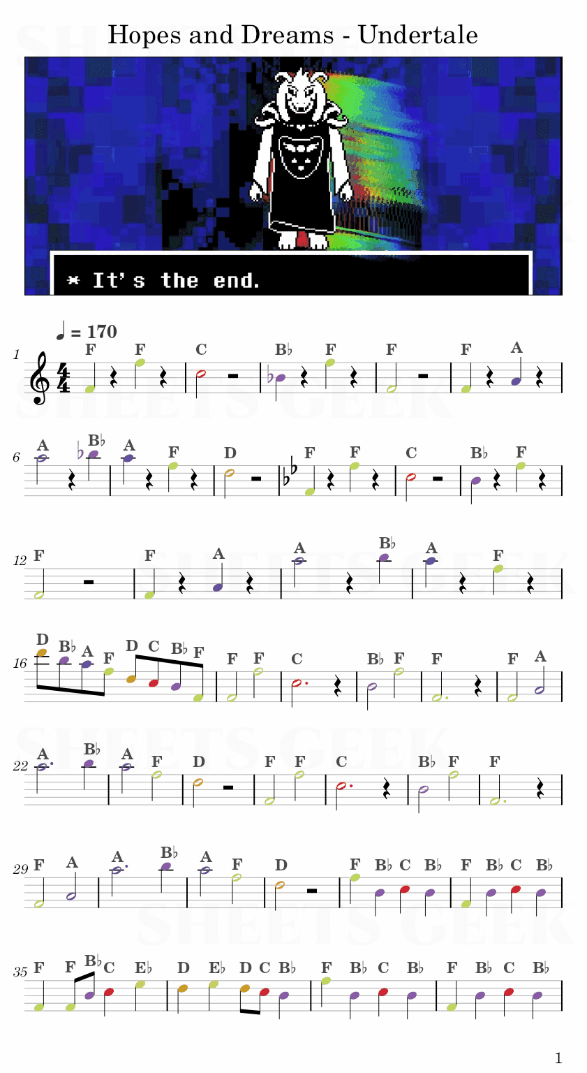 Hopes and Dreams - Undertale Easy Sheets Music Free for piano, keyboard, flute, violin, sax, celllo 1