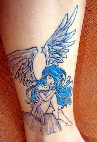 Beautiful anime angel tattoo before and after colorization.