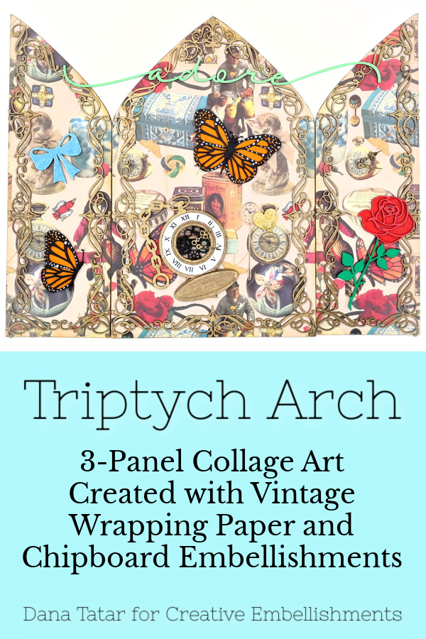 Triptych Collage Style Art Panels with Vintage Wrapping Paper and Chipboard Embellishments