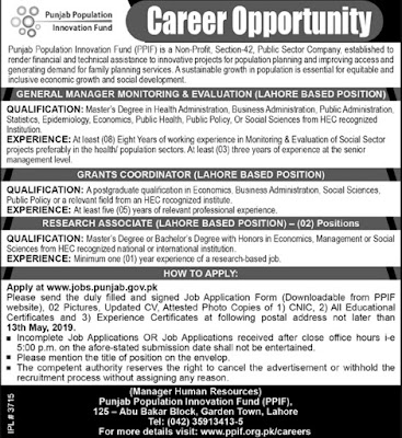 Punjab Population Innovation Fund PPIF Lahore Jobs 2019