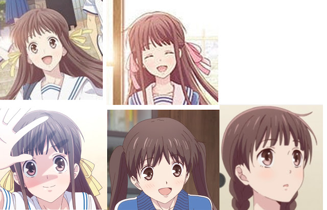 Five pictures of the same character, Tohru Honda, as her art style changes over the first season