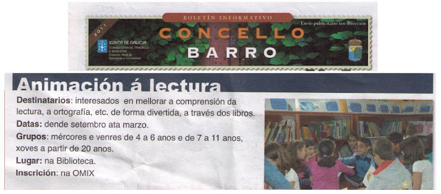 O Concello de Barro organiza un curso de animación á lectura para nenos de 4 a 11 anos e tamén maiores de 20 anos.