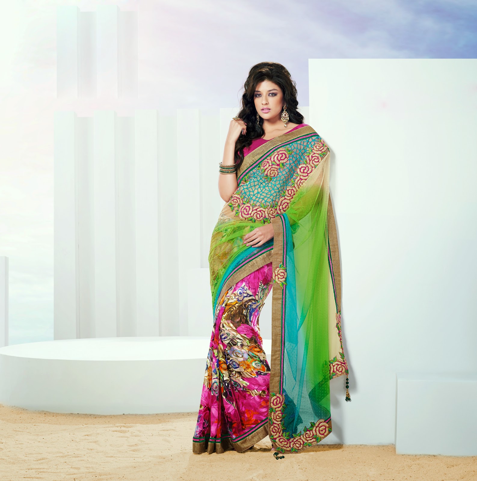 Colorful designer half and half party wear saree