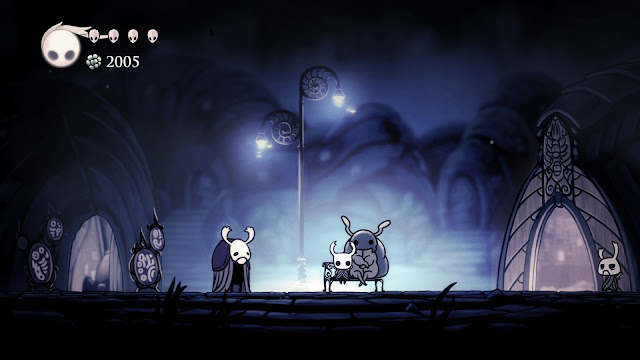 Hollow Knight Dirtmouth sitting on a bench