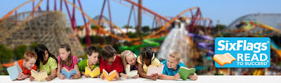 Banner image for Six Flags Read to Succeed. Row of children reading books, with an amusement park roller coaster in the background