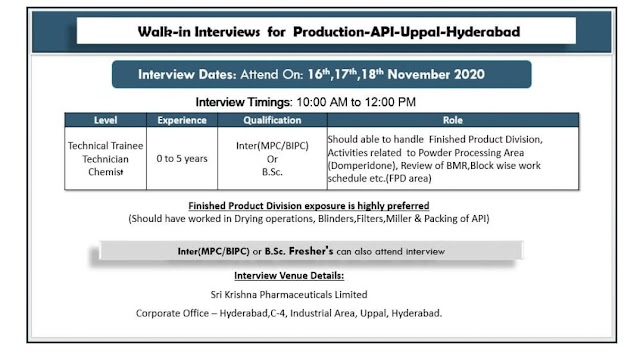 Sri Krishna Pharma | Walk-In for Freshers & Experienced in Production on 16th, 17th, 18th Nov 2020