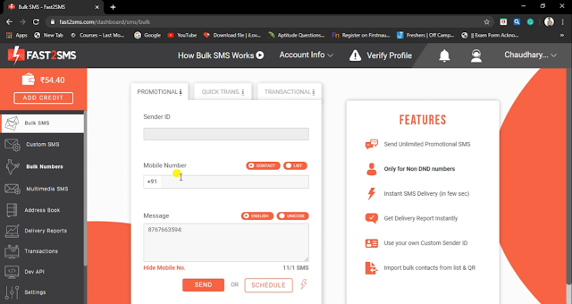 open the fast2sms website