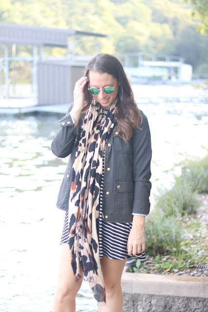 topshop ghillie lace up flats j.crew field jacket leopard scarf stripe dress ray ban round mirrored