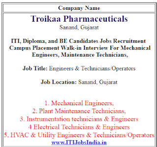 Troikaa Pharmaceuticals Recruitment ITI, Diploma, and BE Candidates For Mechanical  Engineers, Maintenance Technicians Posts