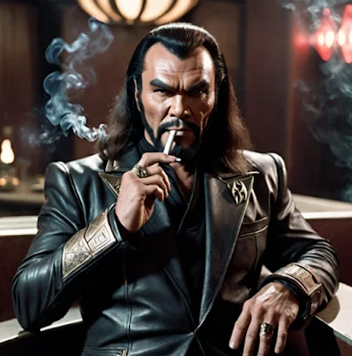 Klingon from Star Trek smoking a cigar and wearing a leather space unigorm