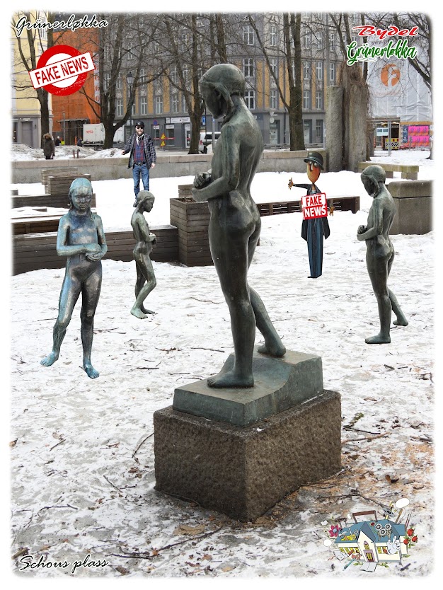 Fake News med Hanna Jessens skulptur på Schous plass på Grünerløkka i Oslo.