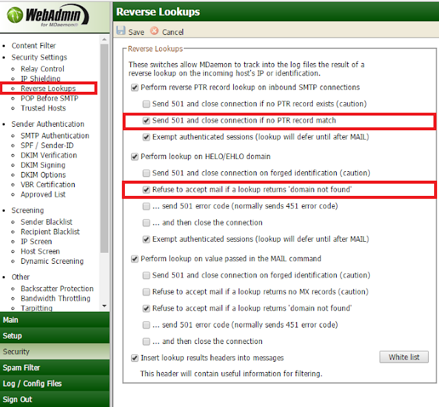 MDaemon: Security Settings - Reverse Lookups