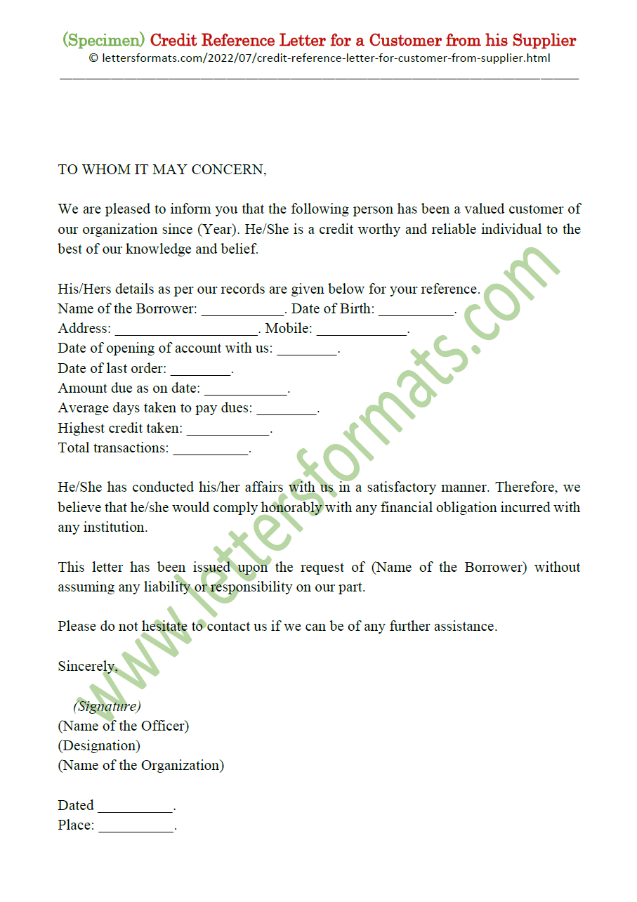 Credit Reference Letter Format for a Customer from his Supplier