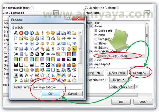  Gambar: Mengganti nama (rename) grup pada tab ribbon di Microsoft Word 2010