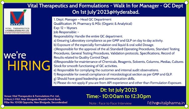 Vital Therapeutics | Walk-in interview for QC-Manager Role on 1st July 2023