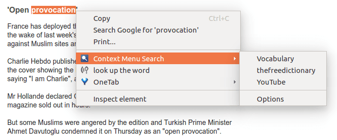 using context menu search to find the meaning of the word provocation