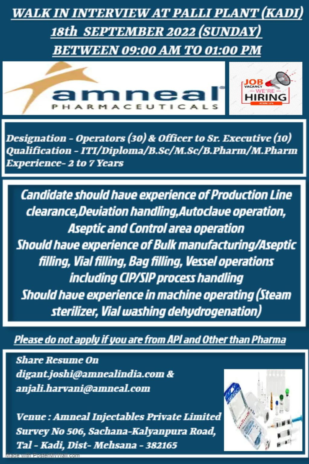 Job Available's for Amneal Pharmaceuticals Pvt Ltd Walk-In Interview for ITI/ Diploma/ BSc/ MSc/ B Pharm/ M Pharm