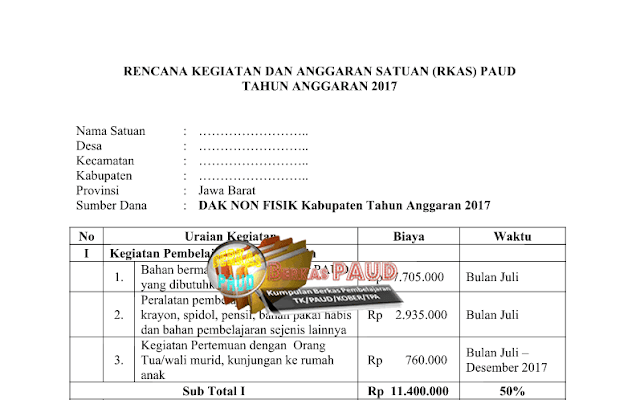 Contoh Laporan Awal RKAS BOP PAUD/TK, RA, Kober, Tahun Anggaran 2017  Sesuai Juknis Terbaru