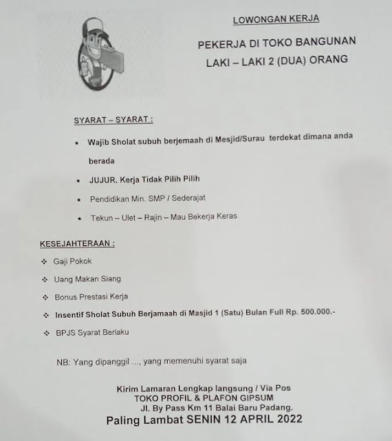 Lowongan Kerja Toko Profil & Plafon Gipsum Padang